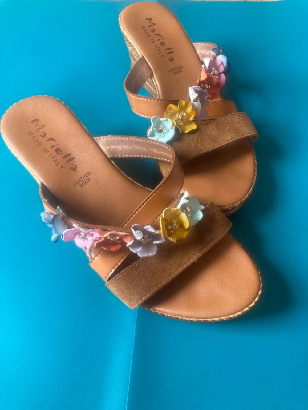 MARELLA Brown Leather Slide Sandals with Multicolor Flower Accents